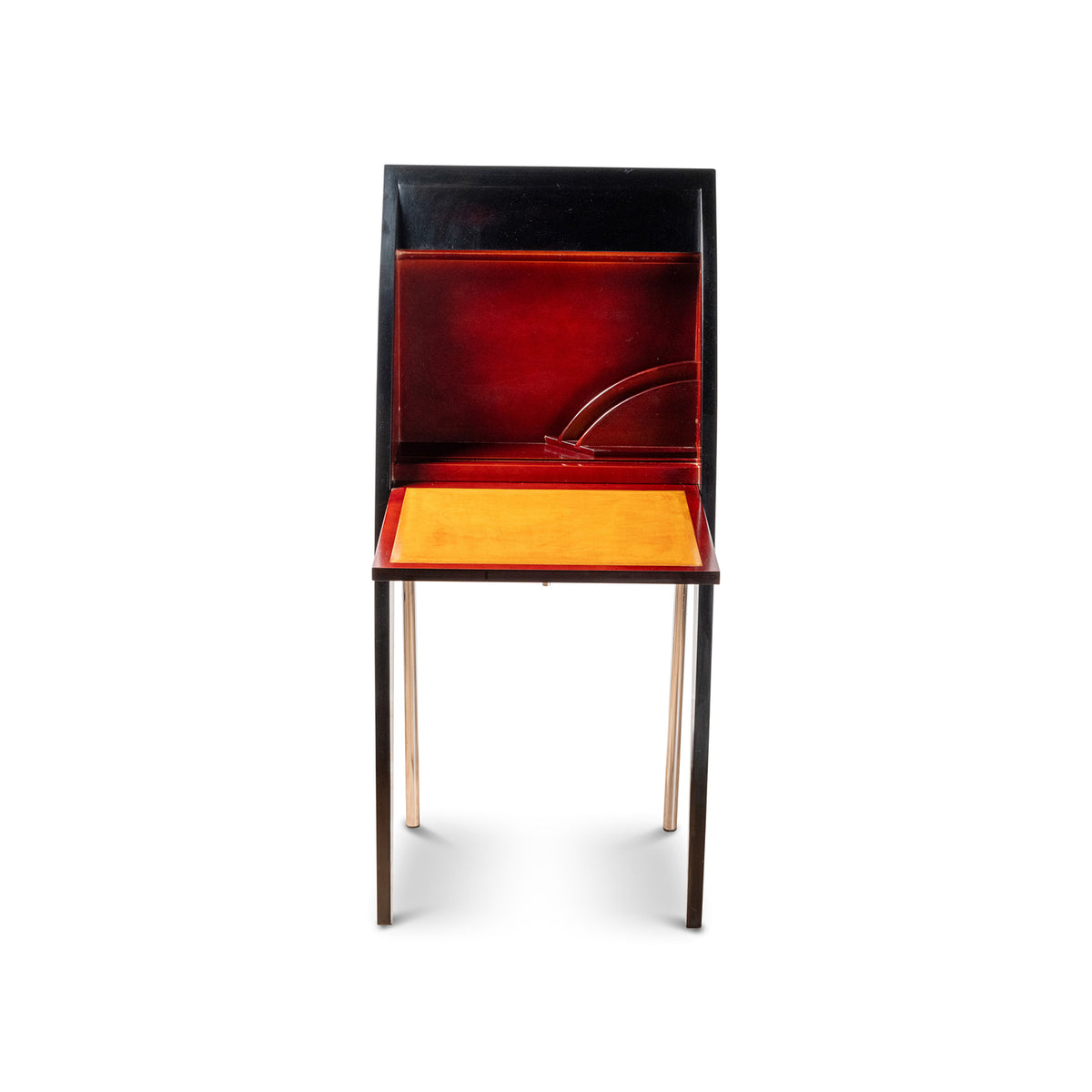 Secrétaire « Carma » de Thibault Desombres pour Transfert, 1988 – abattant ouvert, intérieur laqué rouge – Galerie 90