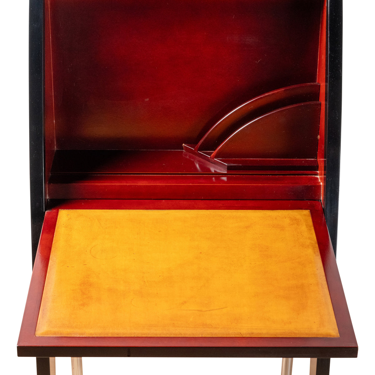 Secrétaire « Carma » de Thibault Desombres pour Transfert, 1988 – plateau de cuir et intérieur ouvert – Galerie 90