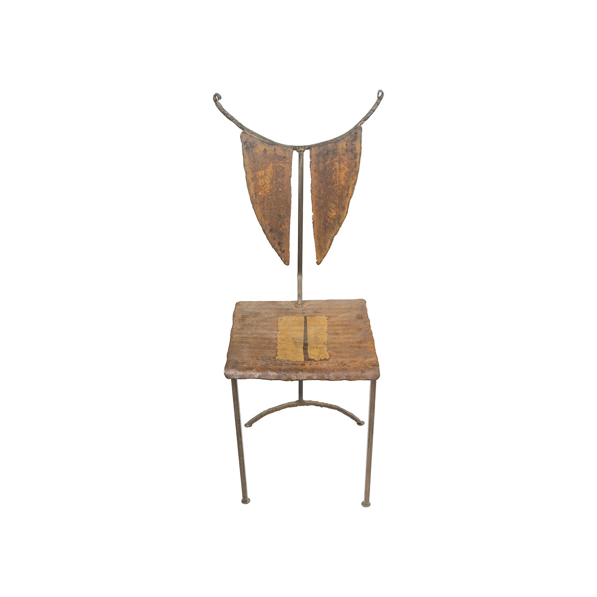 Chaise sculpture de Jean-Jacques Argueyrolles, fer forgé doré à la feuille — de face, assise incrustée d'or