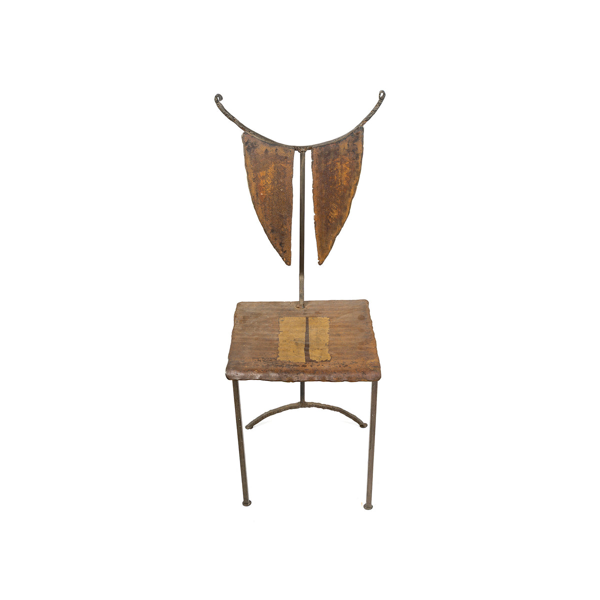 Chaise sculpture de Jean-Jacques Argueyrolles, fer forgé doré à la feuille — de face, dossier en écu