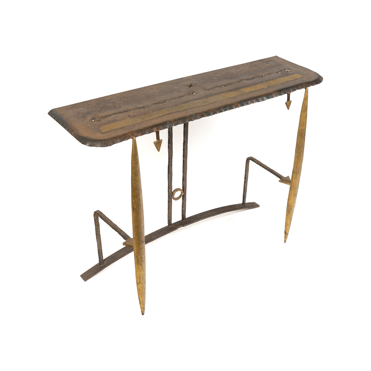 Console de Jean-Jacques Argueyrolles, fer forgé doré à la feuille — trois-quarts, plateau en perspective