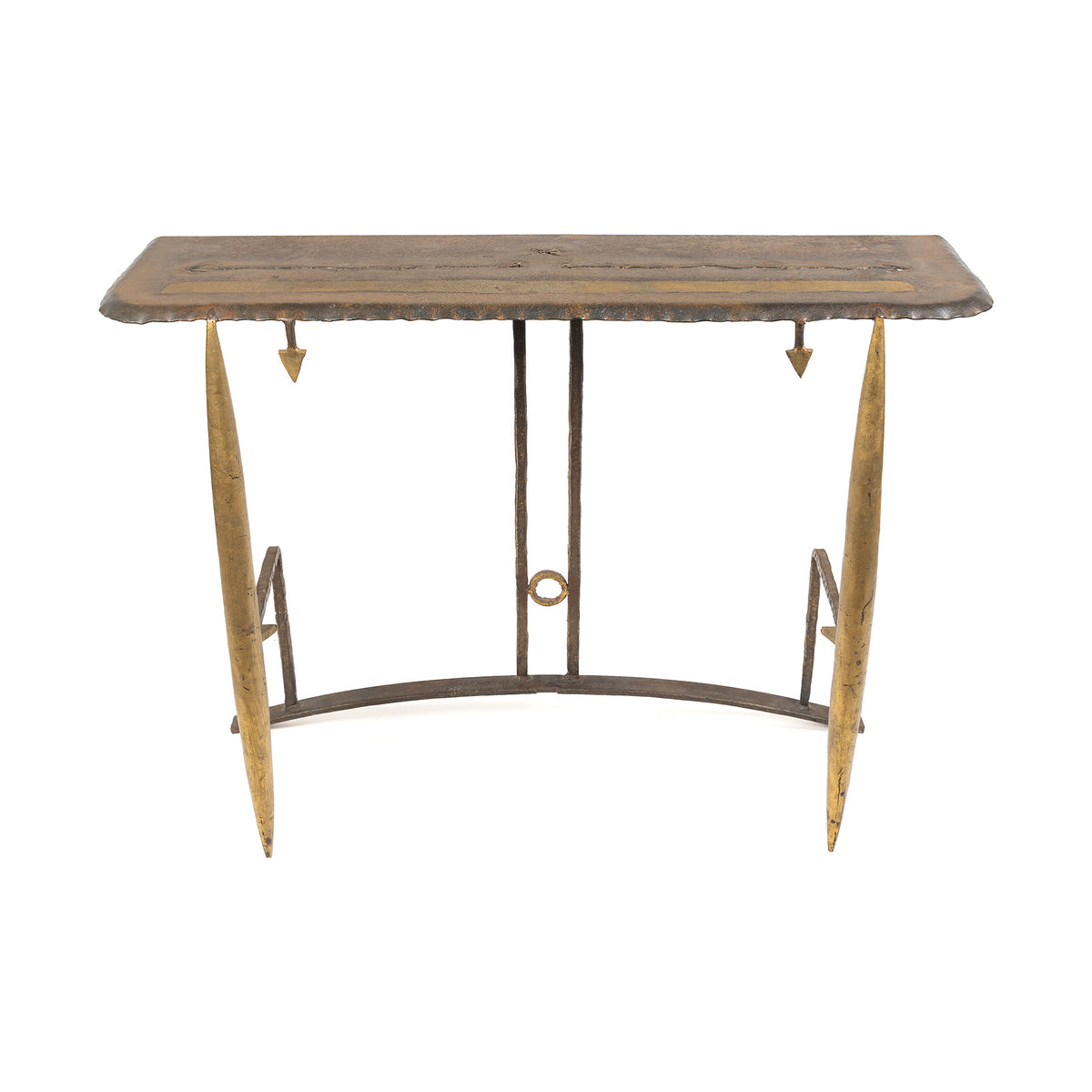 Console de Jean-Jacques Argueyrolles, fer forgé doré à la feuille — de face, bandes d'or du plateau