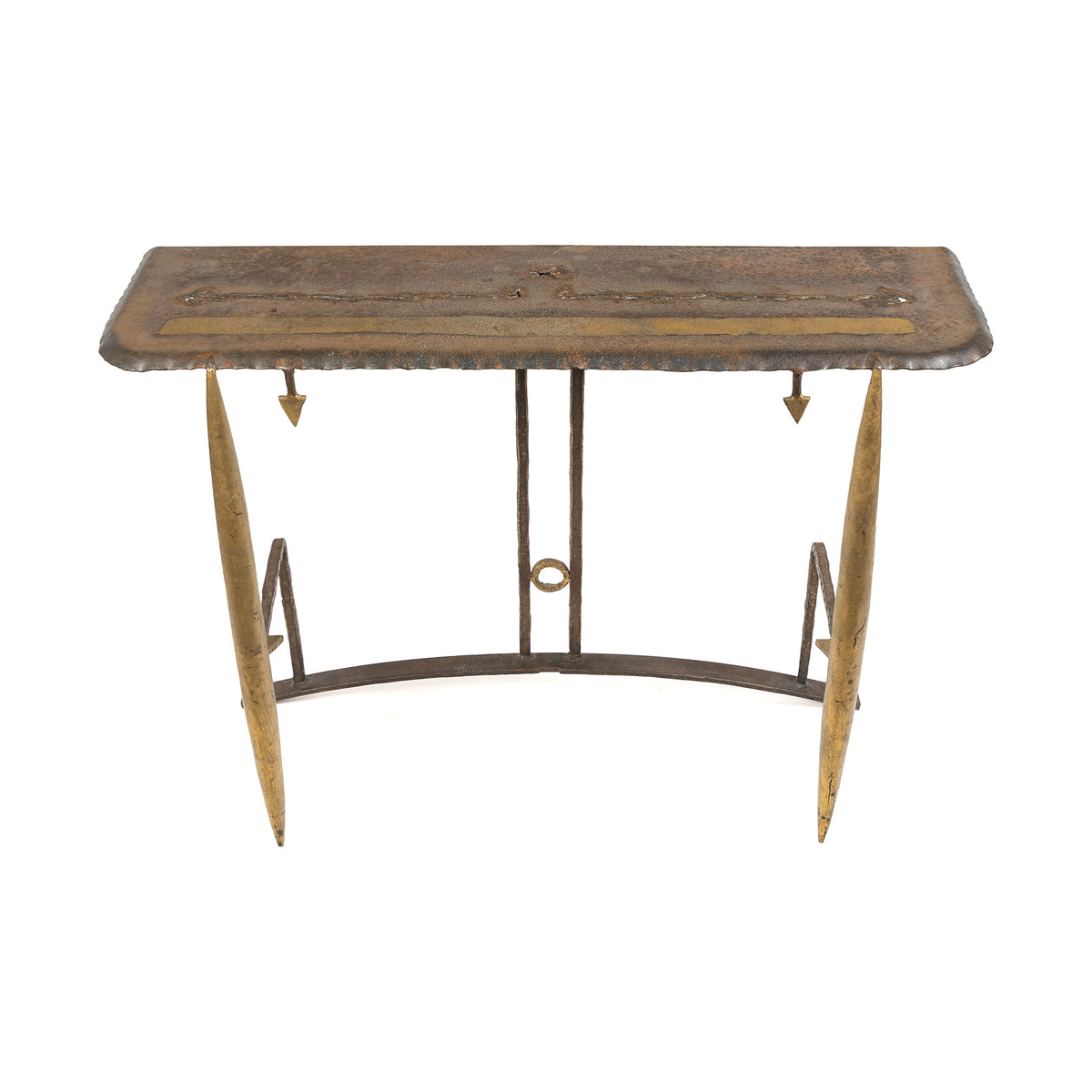 Console de Jean-Jacques Argueyrolles, fer forgé doré à la feuille — de face, fuseaux dorés et fers en flèche