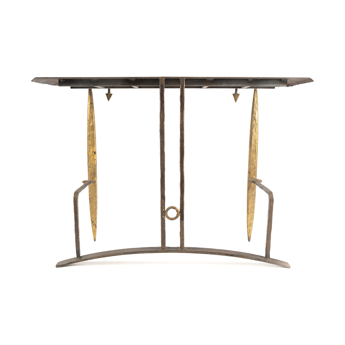 Console de Jean-Jacques Argueyrolles, fer forgé doré à la feuille — de face, entretoise cintrée