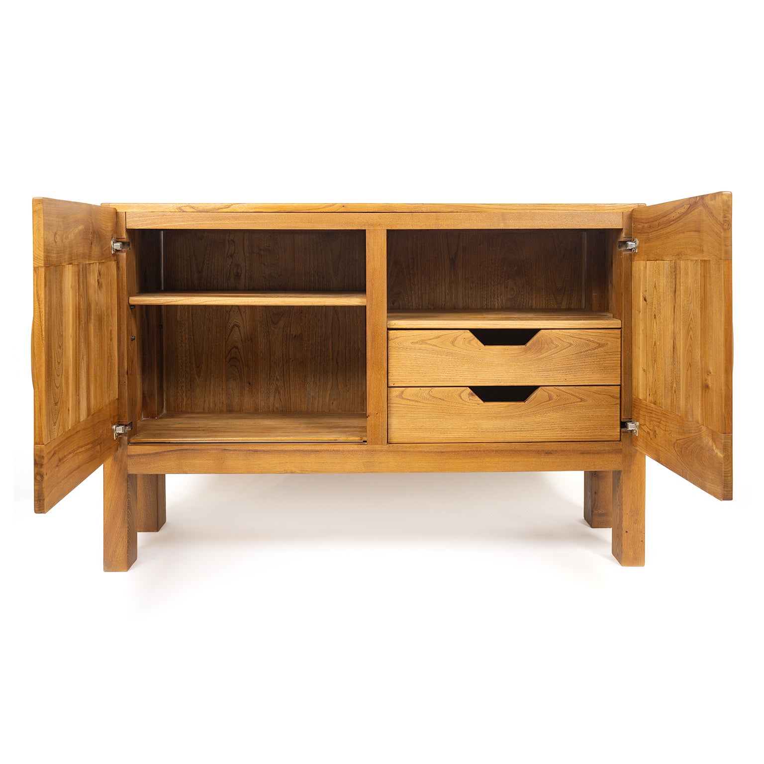 Buffet deux portes en orme massif de la Maison Regain, c.1970 – portes ouvertes, aménagement intérieur – Galerie 90