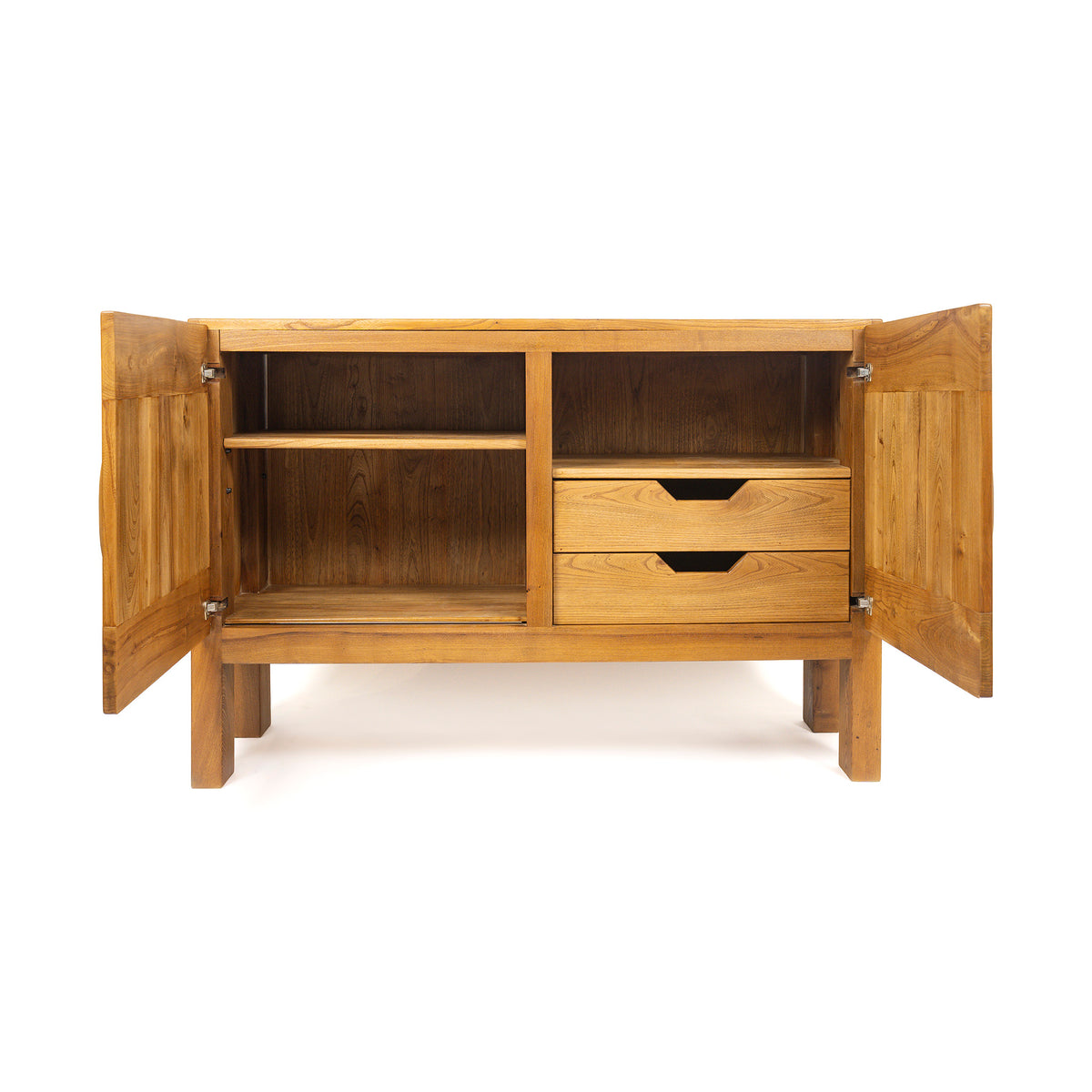 Buffet deux portes en orme massif de la Maison Regain, c.1970 – portes ouvertes, aménagement intérieur – Galerie 90