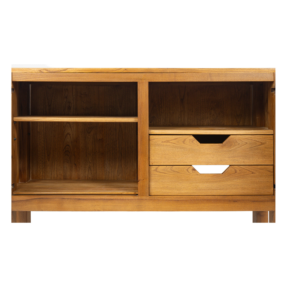 Buffet deux portes en orme massif de la Maison Regain, c.1970 – intérieur de face, étagère et deux tiroirs – Galerie 90