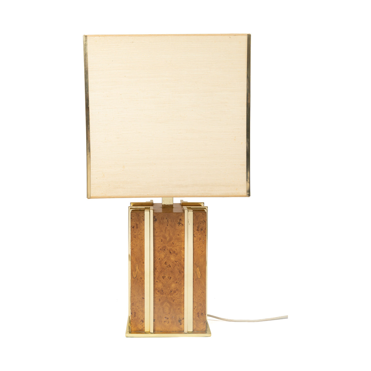 Lampe de table en loupe d'orme et laiton, Italie, années 1970, vue de face