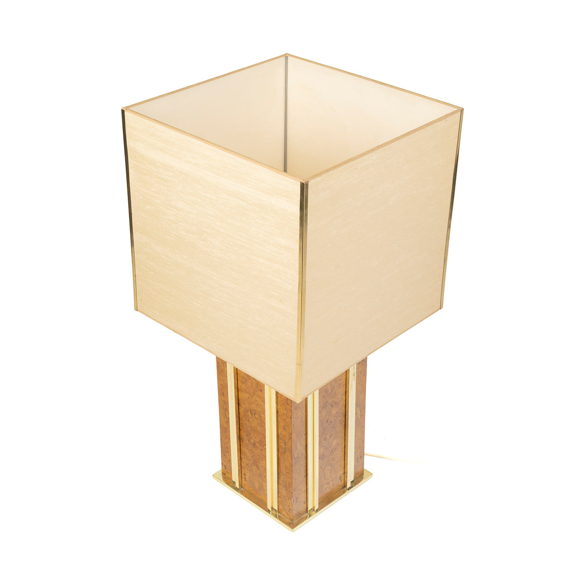Lampe de table en loupe d'orme et laiton, vue plongeante sur l'abat-jour
