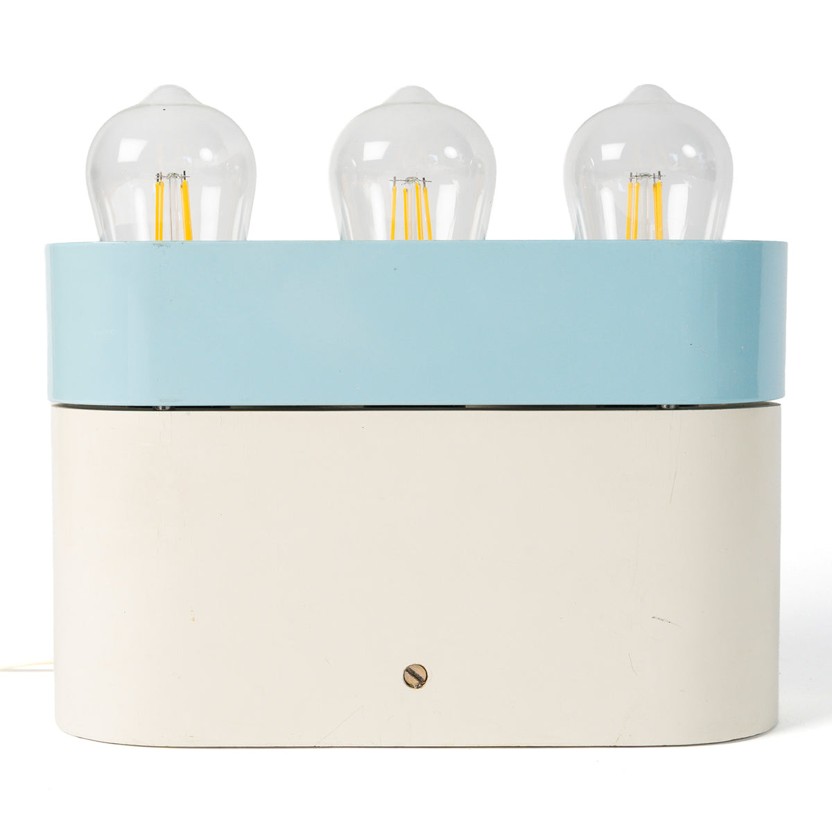 Lampe de table dite transistor, Italie, 1980, bois et métal laqués — vue de face, trois ampoules apparentes