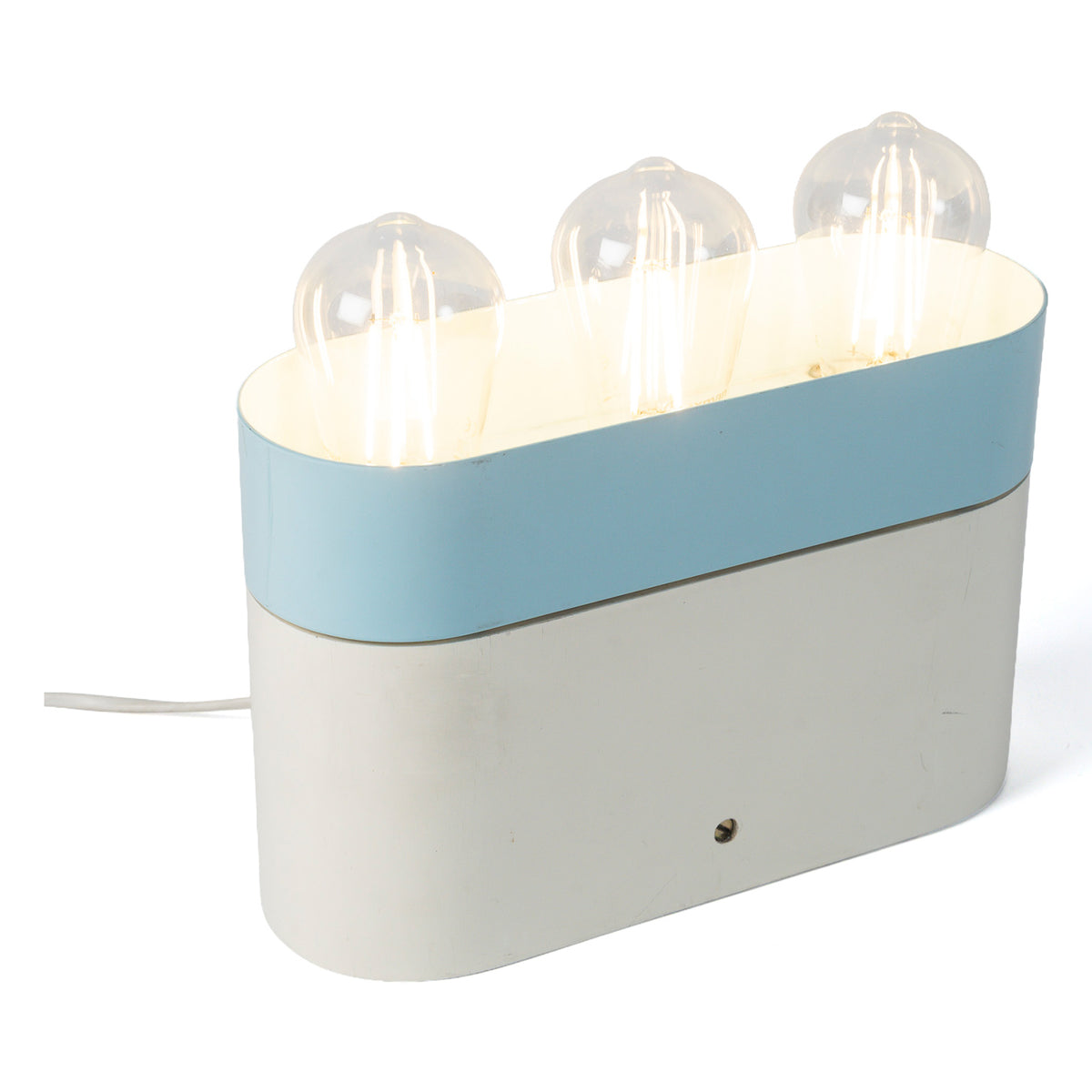 Lampe de table dite transistor, Italie, 1980, bois et métal laqués — trois-quarts, bandeau bleu en surplomb